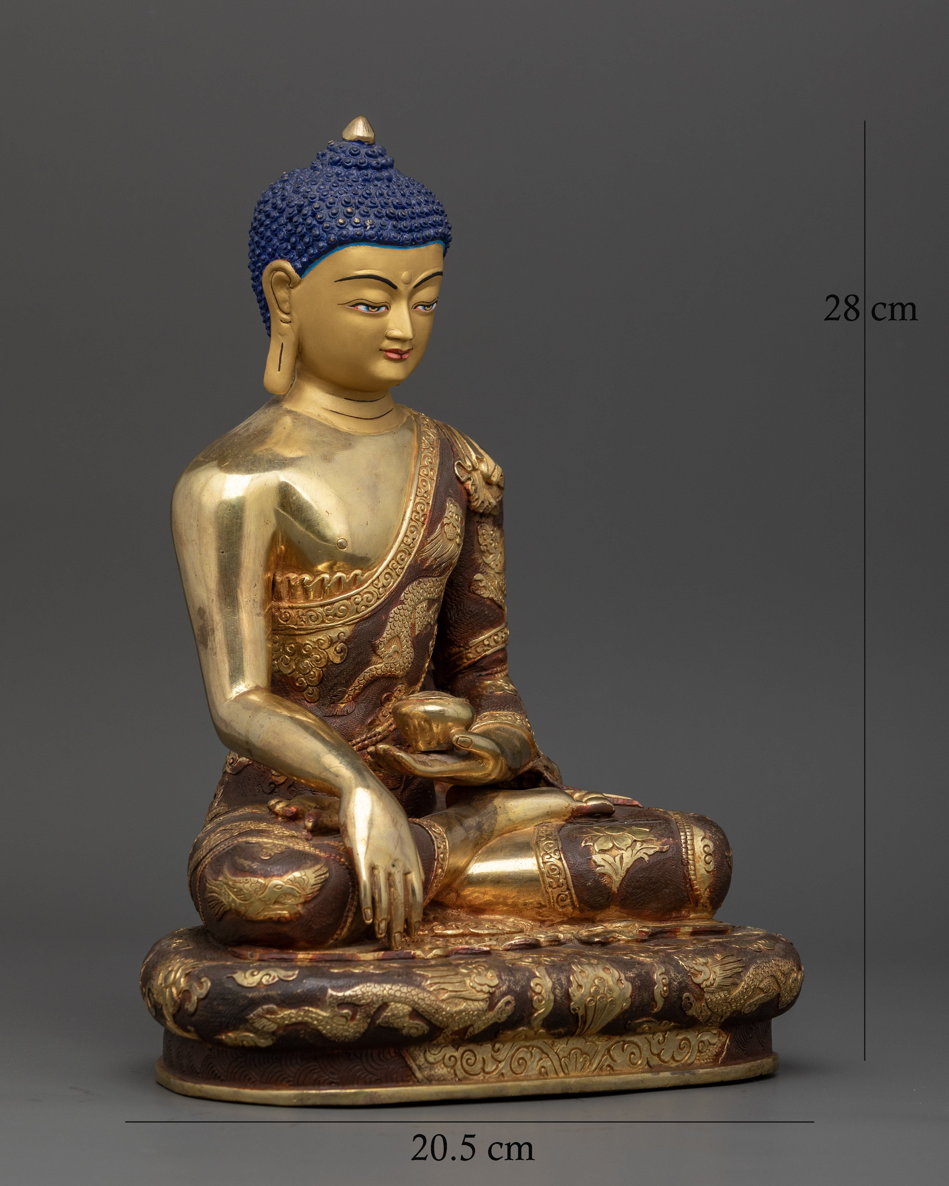 Shakyamuni Buddha in Bhumisparsa Mudra holding traditional monk begging bowl.