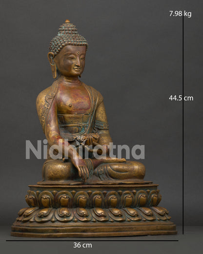 Shakyamuni Buddha in Bhumisparsha Mudra holding begging bowl handcrafted Himalayan statue.