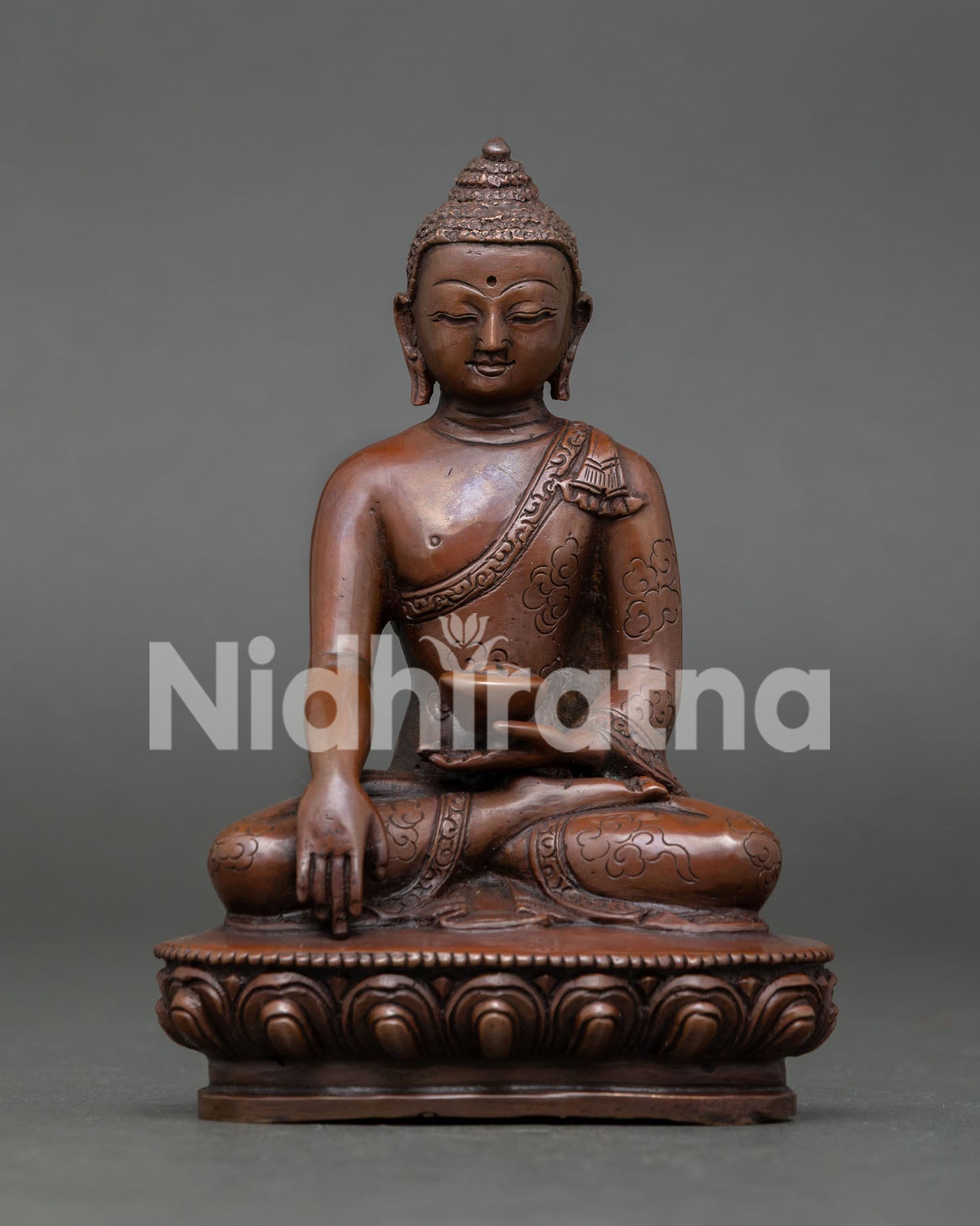 Shakyamuni Buddha in Dhyana Mudra Holding Traditional Begging Bowl Handmade in Nepal.
