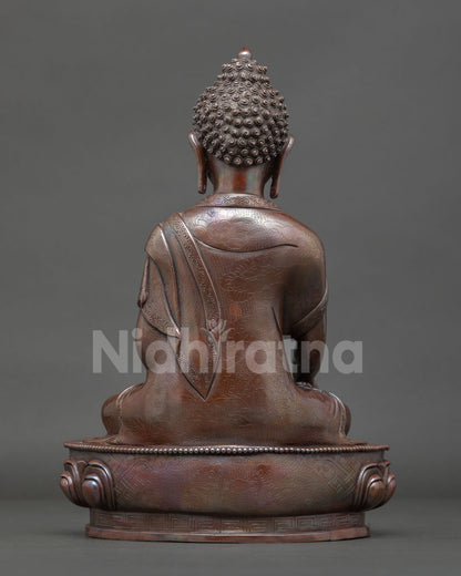 Shakyamuni Buddha meditation statue for home altar featuring sacred mudra, lotus throne, and Himalayan Buddhist artistry.