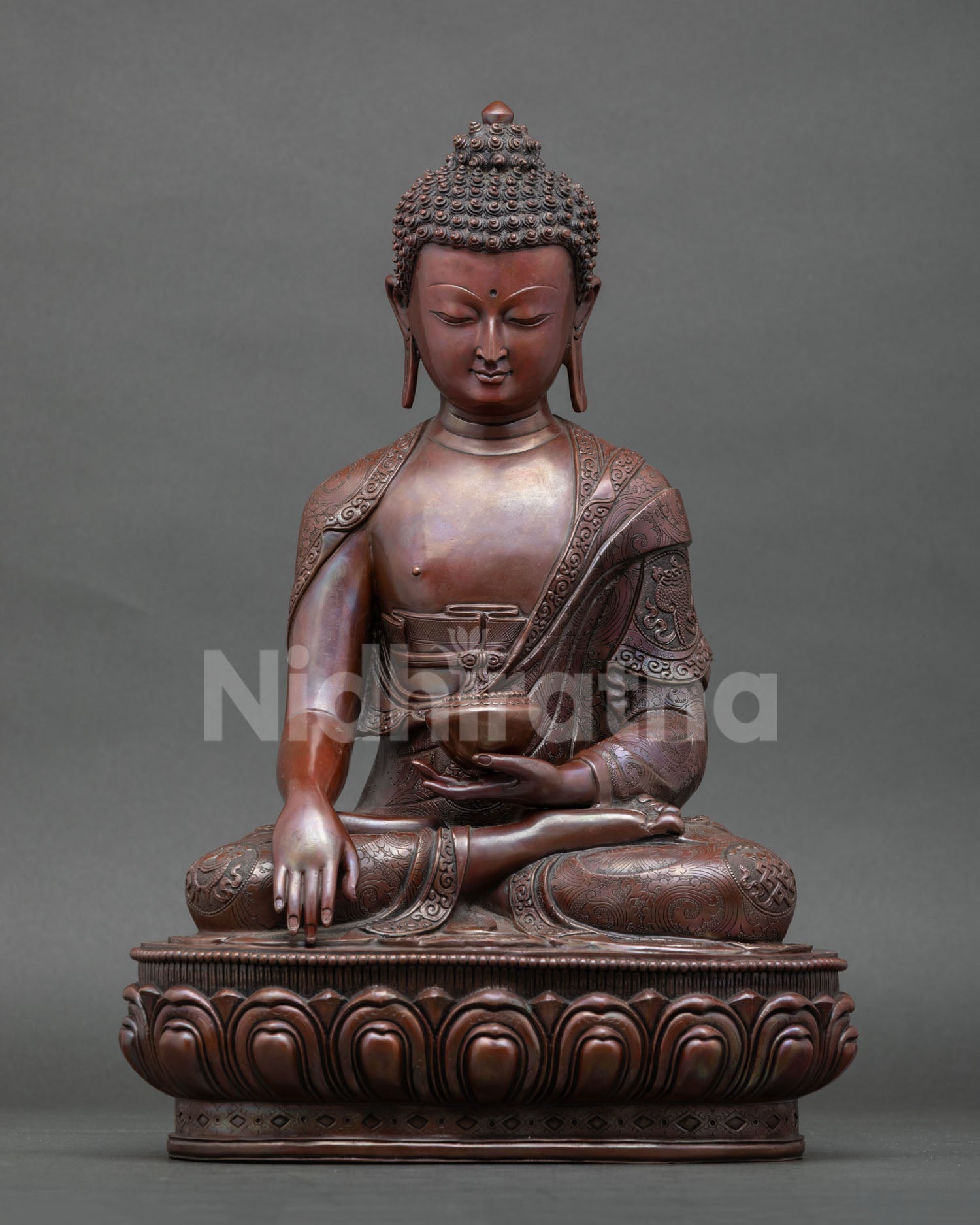 Shakyamuni Buddha oxidized copper statue Nepal, Earth Witness Mudra on lotus base with mantra engraving