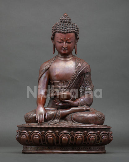 Shakyamuni Buddha oxidized copper statue Nepal, Earth Witness Mudra on lotus base with mantra engraving
