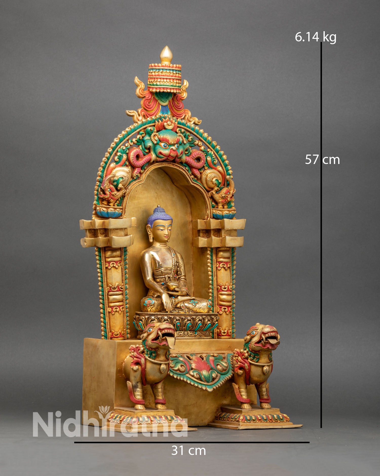 Shakyamuni Buddha right side view with snow lions and ornate torana gateway