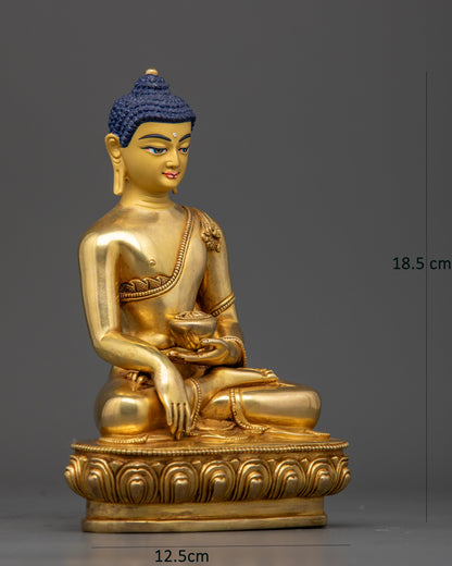 Shakyamuni Buddha sculpture in Bhumisparsha Mudra holding a sacred alms bowl on a detailed lotus pedestal