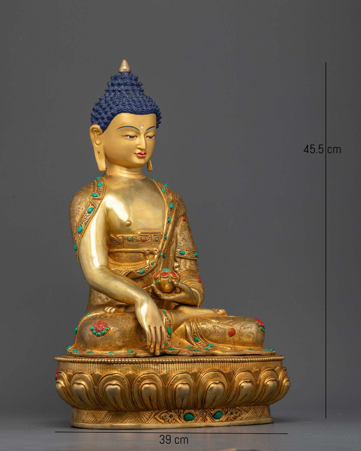 Shakyamuni Buddha sculpture in Bhumisparsha Mudra holding a monks alms bowl
