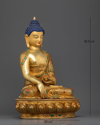 Shakyamuni Buddha sculpture in Bhumisparsha Mudra holding a monks alms bowl