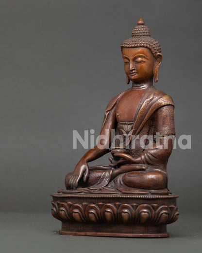 Shakyamuni Buddha sculpture lotus seat, begging bowl, and earth touching mudra details. 