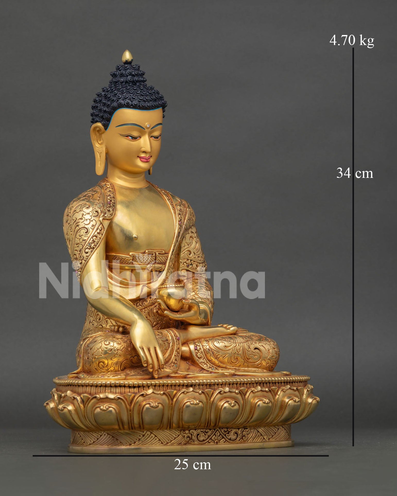 Shakyamuni Buddha sculpture showing copper craftsmanship, flowing robes, and intricate carved details