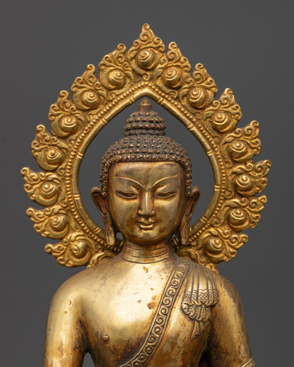 Shakyamuni Buddha sculpture with rising halo handcrafted Nepalese Buddhist art.