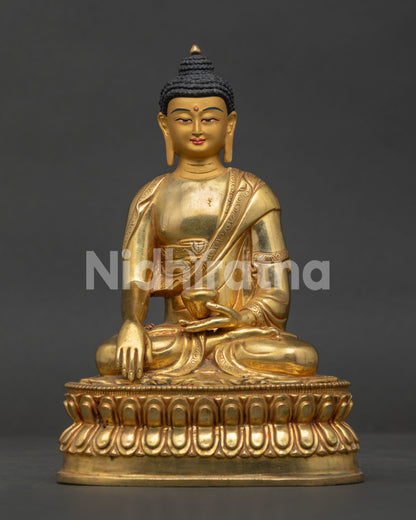 Shakyamuni Buddha. seated on double lotus throne in earth touching mudra with begging bowl