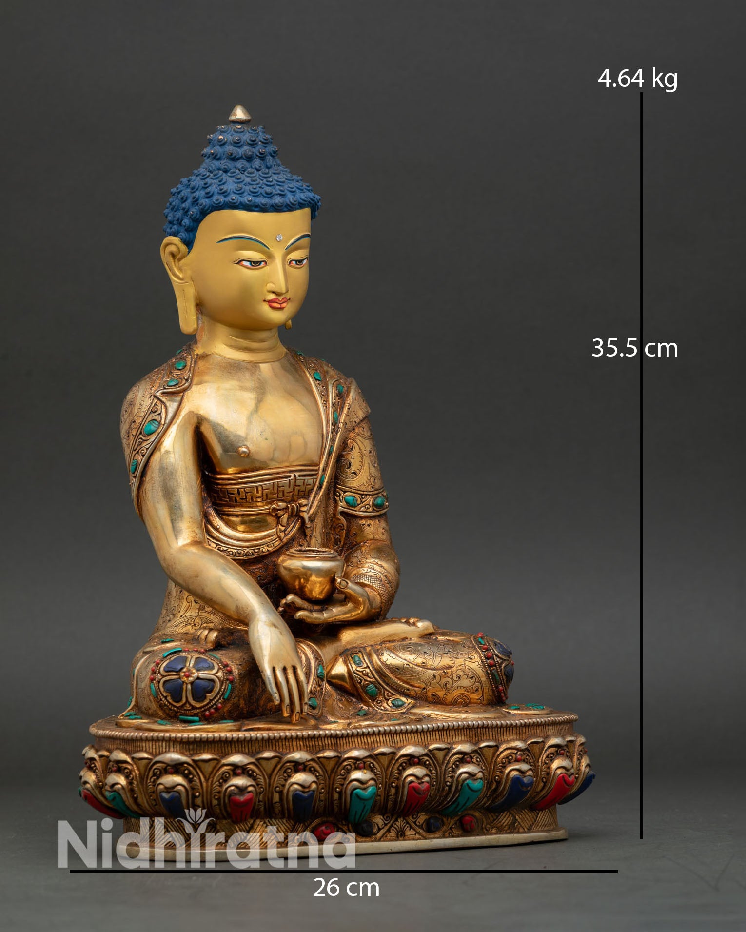 Shakyamuni Buddha side view Bhumisparsha mudra seated lotus moon disc base