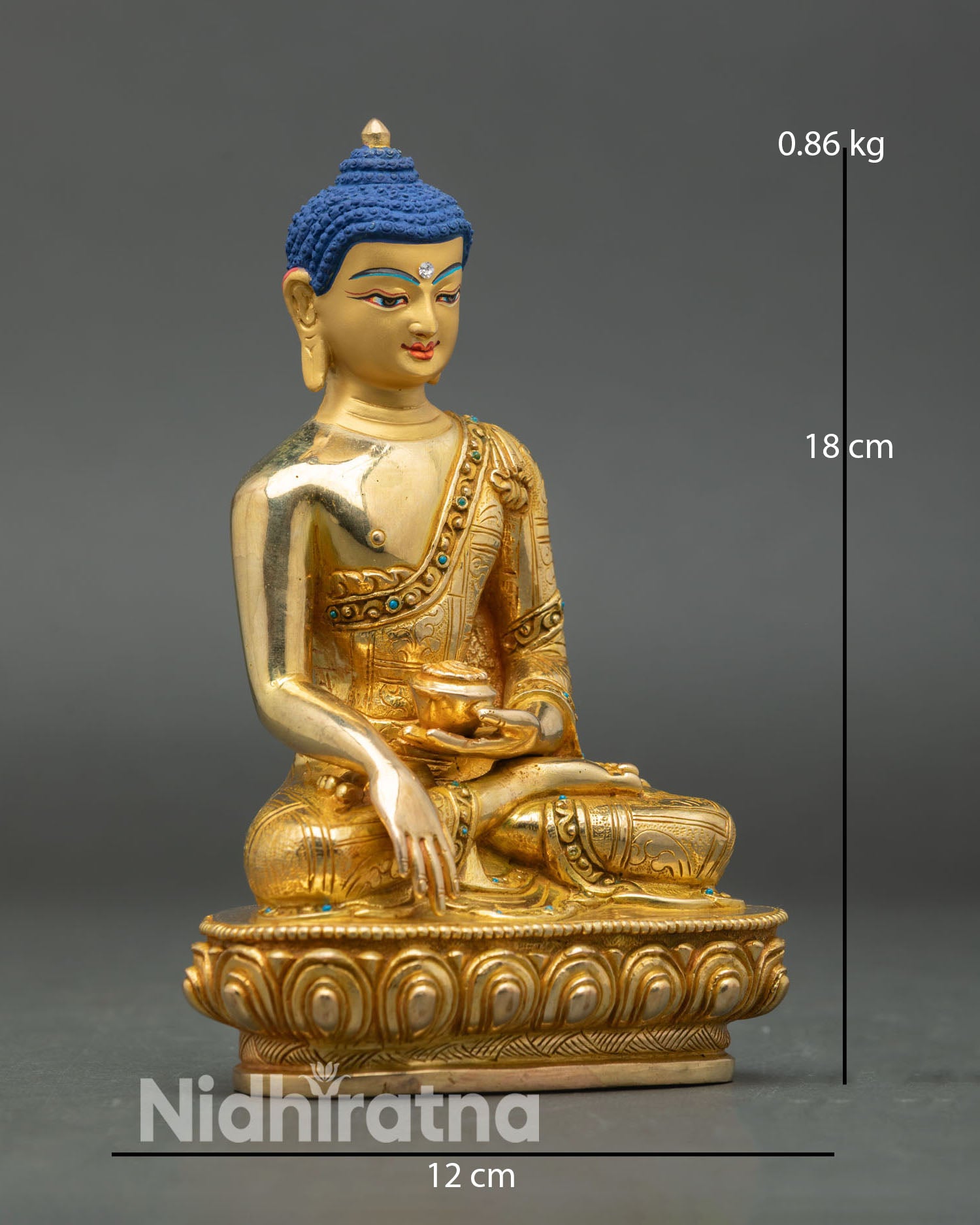 Shakyamuni Buddha side view meditation pose monastic robes copper statue spiritual home decor nepal