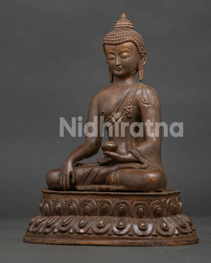 Shakyamuni Buddha side view showing Bhumisparsha Mudra and monk’s begging bowl.
