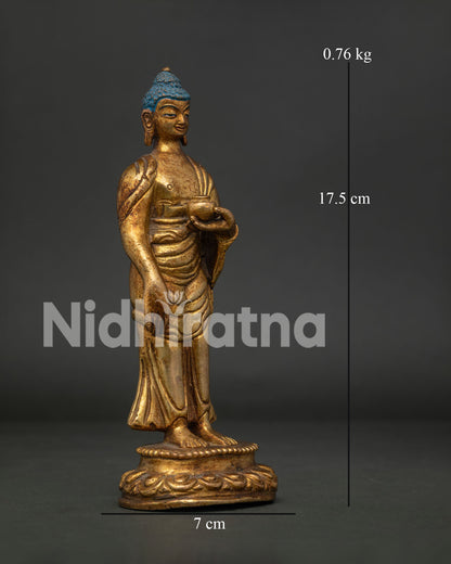 Shakyamuni Buddha Standing on Lotus Pedestal Holding Traditional Begging Bowl.