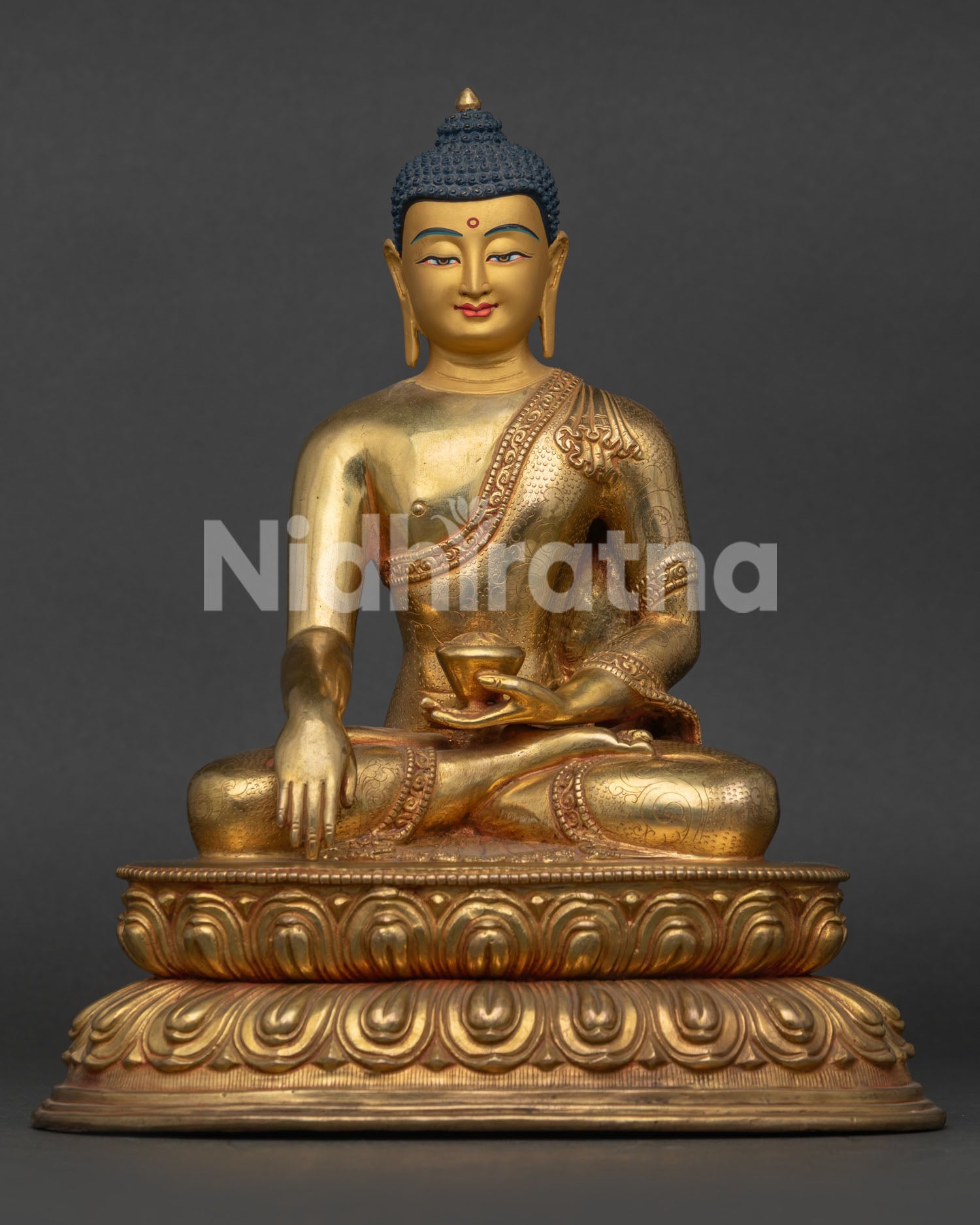 Shakyamuni Buddha Statue 24K Gold Fire Gilded Copper Double Lotus Throne Front View.