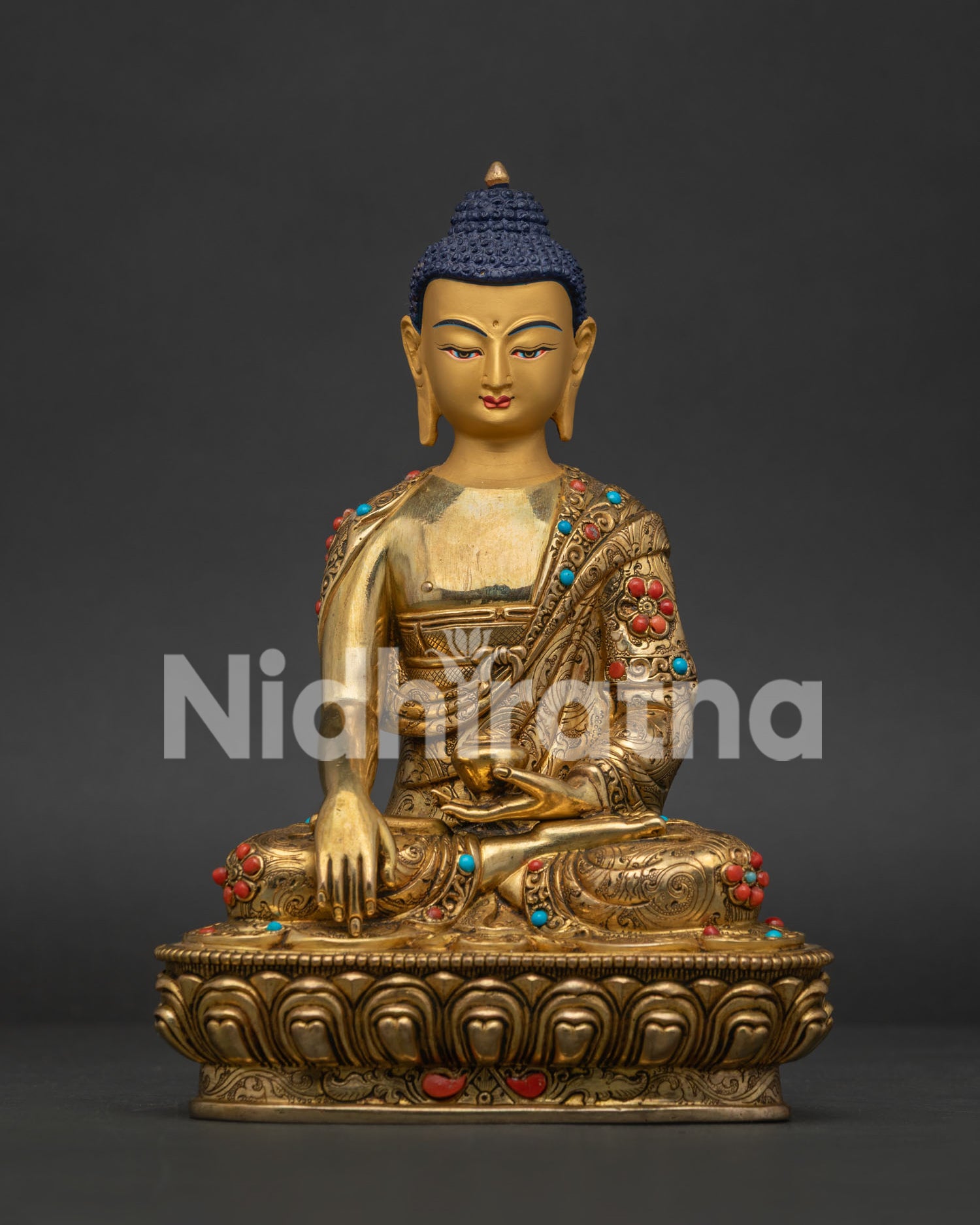 Shakyamuni Buddha Statue 24K Gold Fire Gilded Copper Lotus Pedestal Front View.