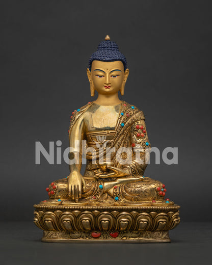 Shakyamuni Buddha Statue 24K Gold Fire Gilded Copper Lotus Pedestal Front View.