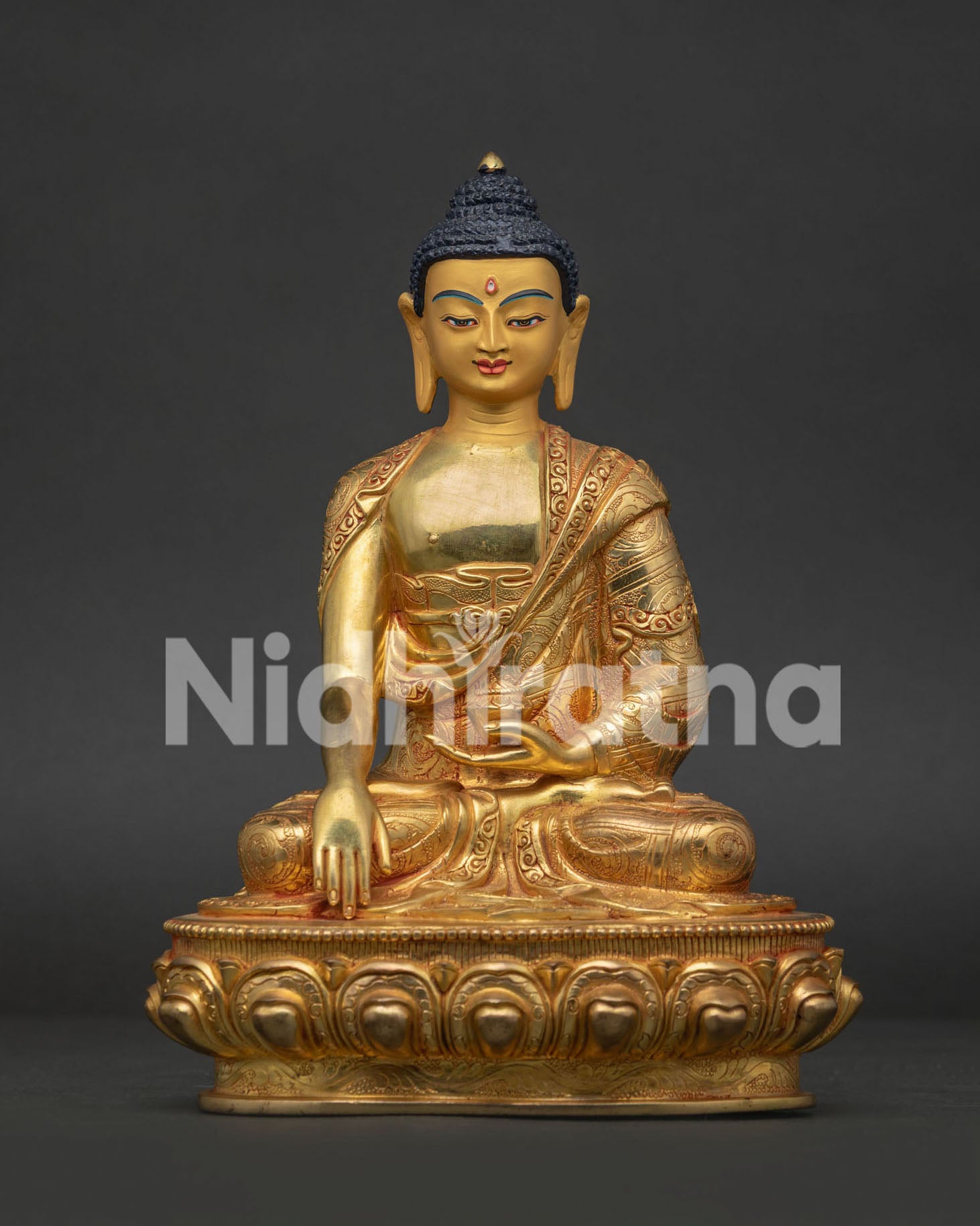 Shakyamuni Buddha statue 24K gold fire gilded copper lotus pedestal.