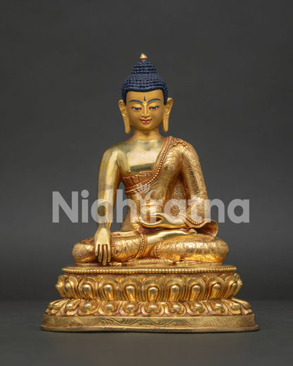 Shakyamuni Buddha Statue 24K Gold Fire Gilded Double Lotus Pedestal Front View.