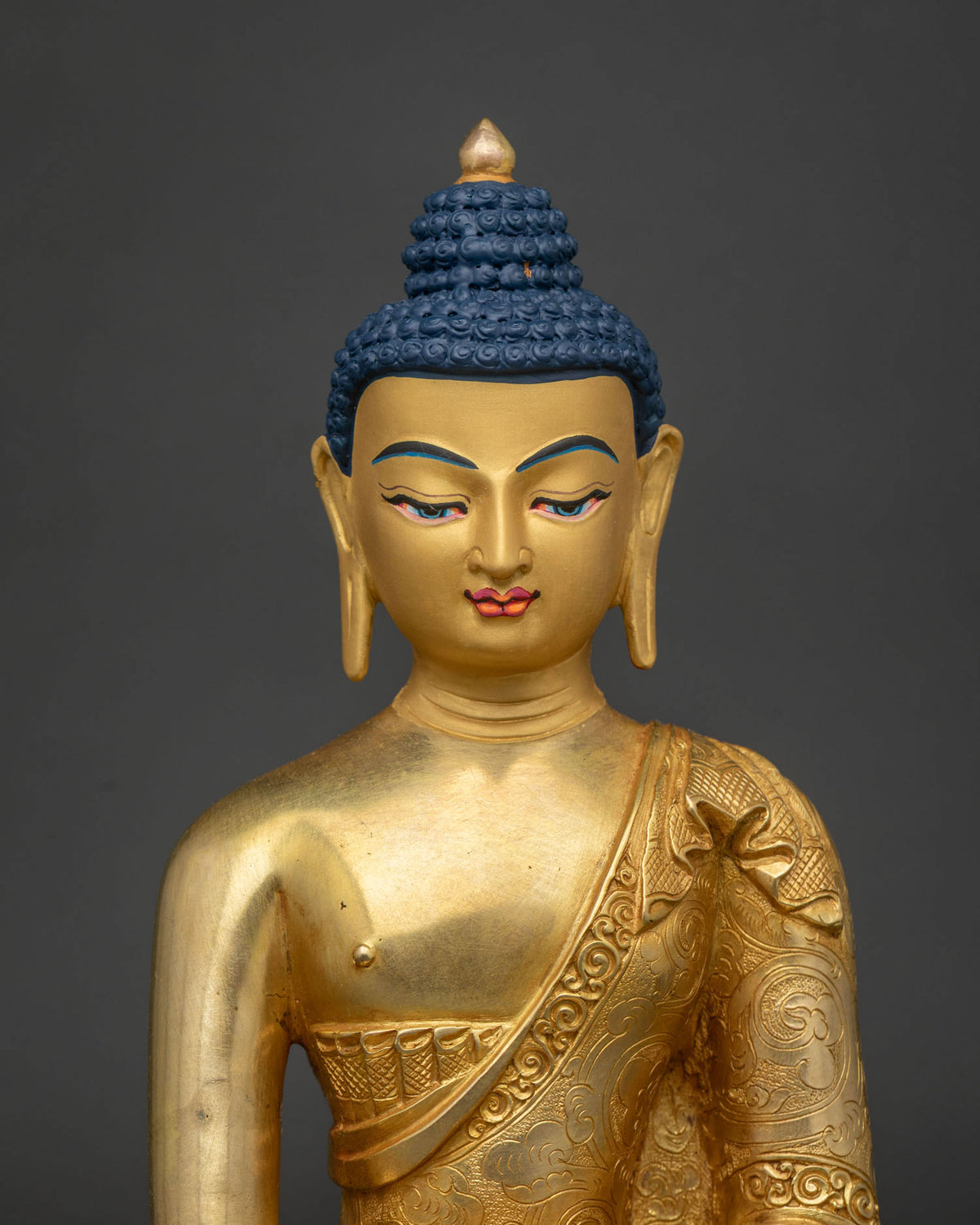 Shakyamuni Buddha statue 24k gold painted face Elongated Ears.