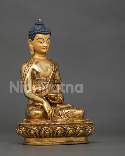 Shakyamuni Buddha statue 24K gold painted face monk robe begging bowl.