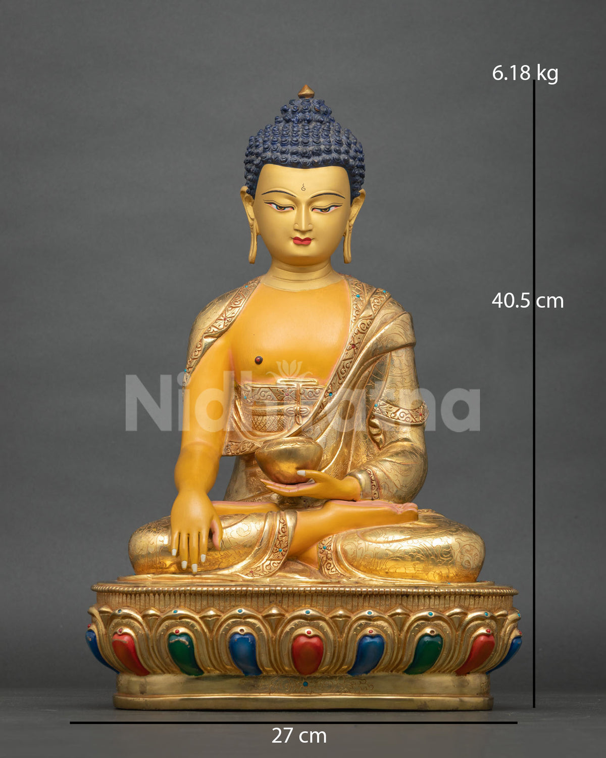Shakyamuni Buddha Statue front view with acrylic painted finish 24K gold face and multicolor lotus pedestal.