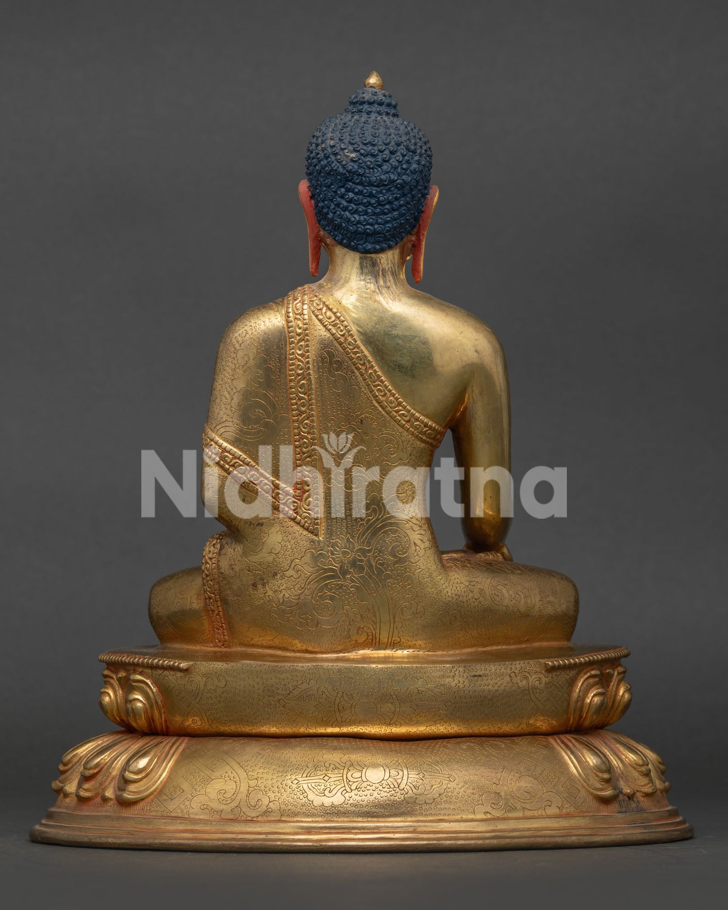 Shakyamuni Buddha Statue Back View Copper Gold Gilded Himalayan Sculpture.