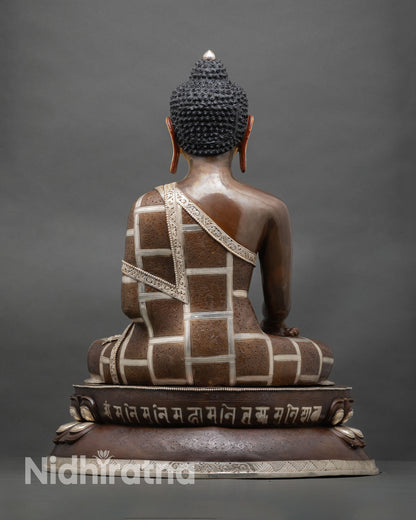 Shakyamuni Buddha statue, back view, double lotus base, silver plated details, spiritual meditation home altar buddhist sculpture