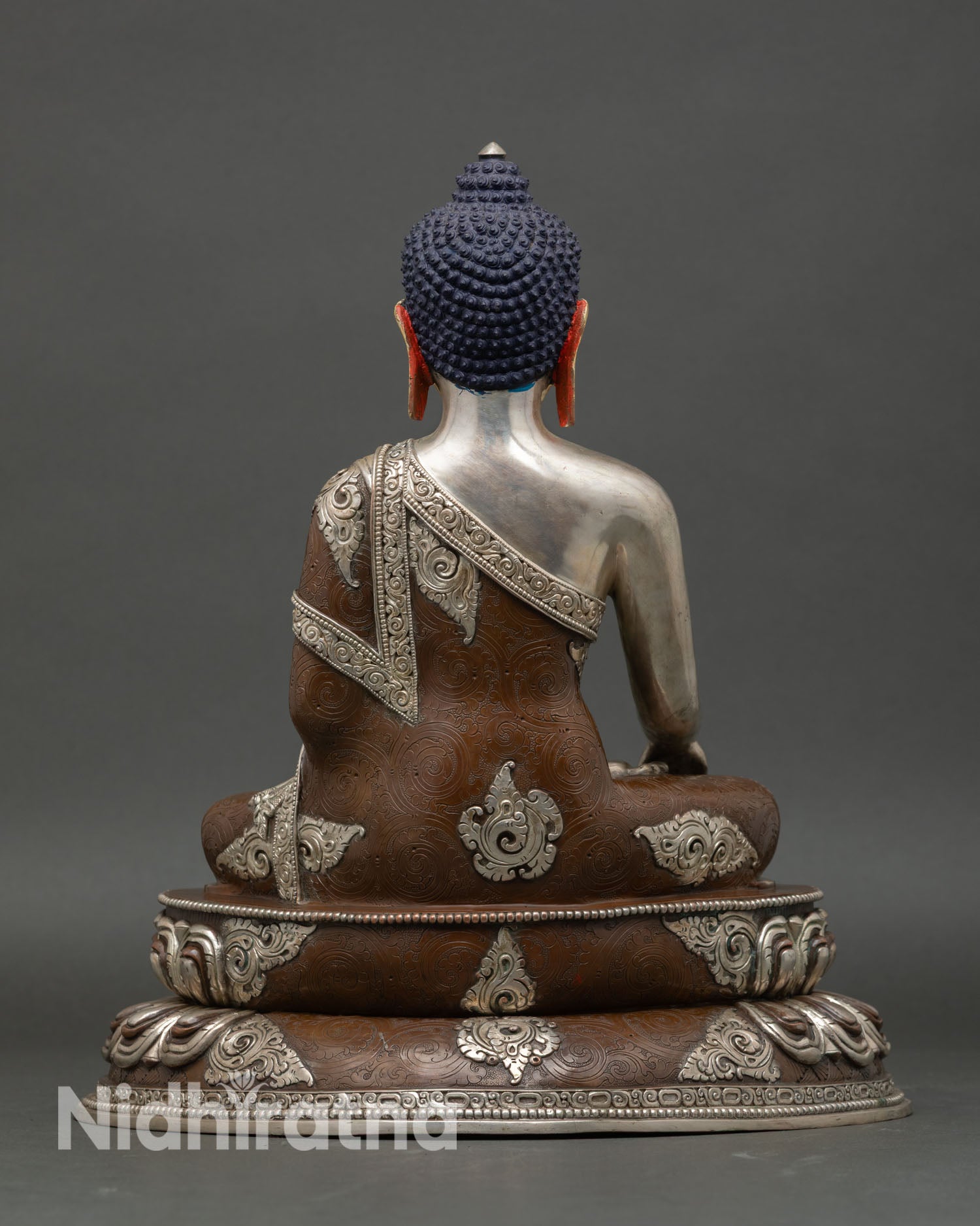 Shakyamuni Buddha statue back view engraved lotus throne, oxidized copper Tibetan Buddhist art