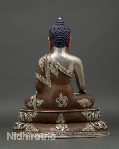 Shakyamuni Buddha statue back view engraved lotus throne, oxidized copper Tibetan Buddhist art