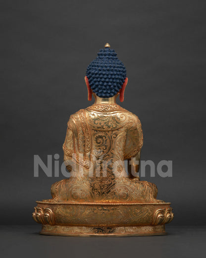 Shakyamuni Buddha Statue Back View Gold Gilded Copper Lotus Pedestal Nepal