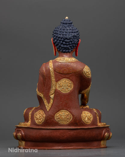 Shakyamuni Buddha Statue back view half oxidized gold fire gilded finish.