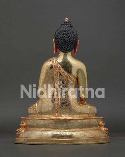 Shakyamuni Buddha Statue Back View Hand Carved Floral Motif Monk Robe Gold Fire Gilded Finish.
