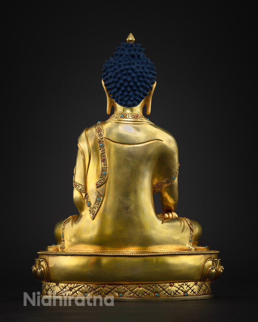 Shakyamuni Buddha statue back view - handcrafted copper statue with gold detailing