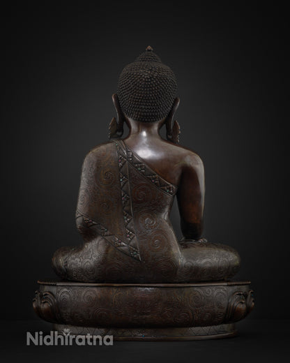 Shakyamuni Buddha Statue back view, intricate lotus base and robe carving