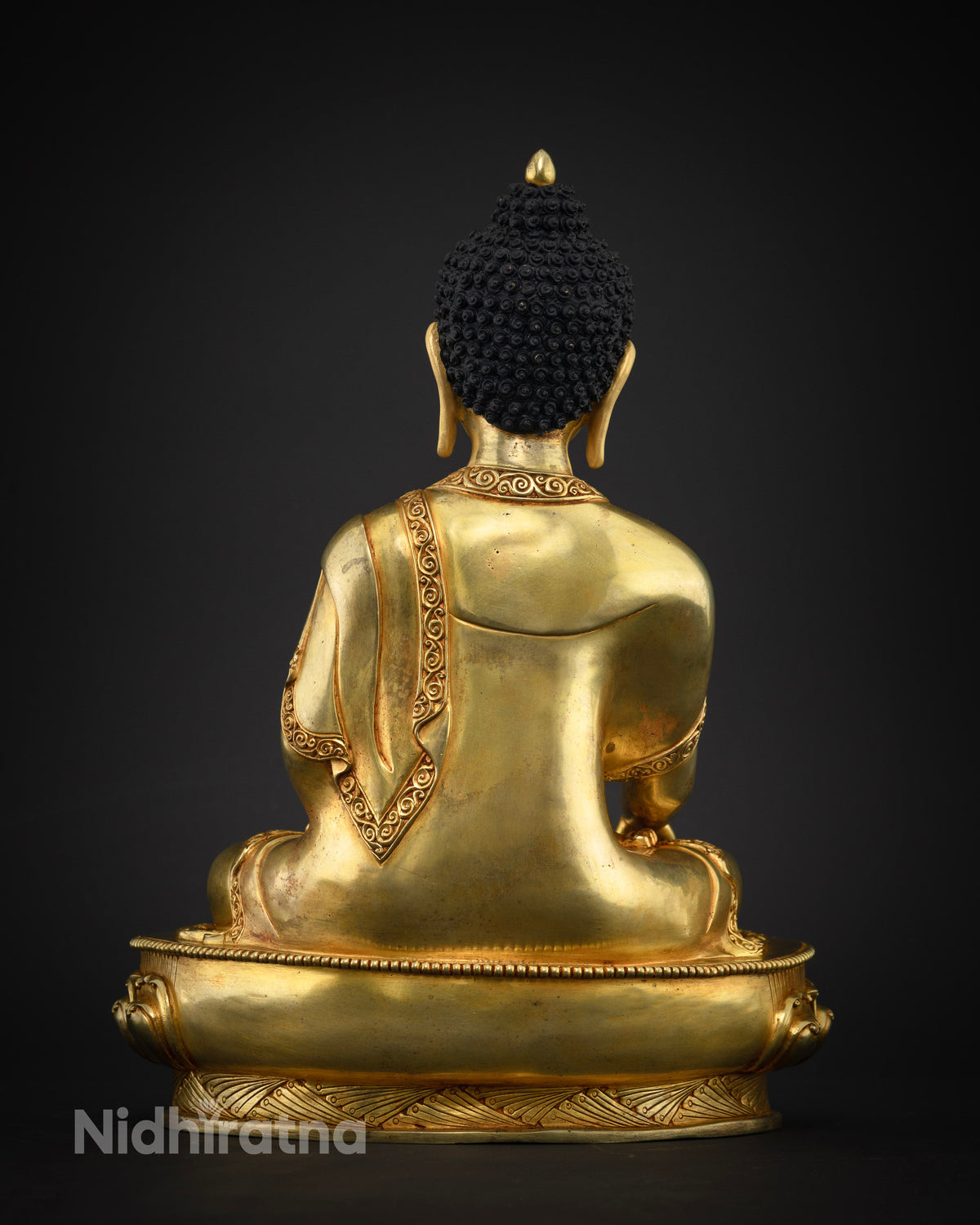 Shakyamuni Buddha statue back view, lotus pedestal, hand-carved copper