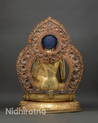 Back view Shakyamuni Buddha statue, ornate halo and lotus seat design, copper body with 24K gold finish