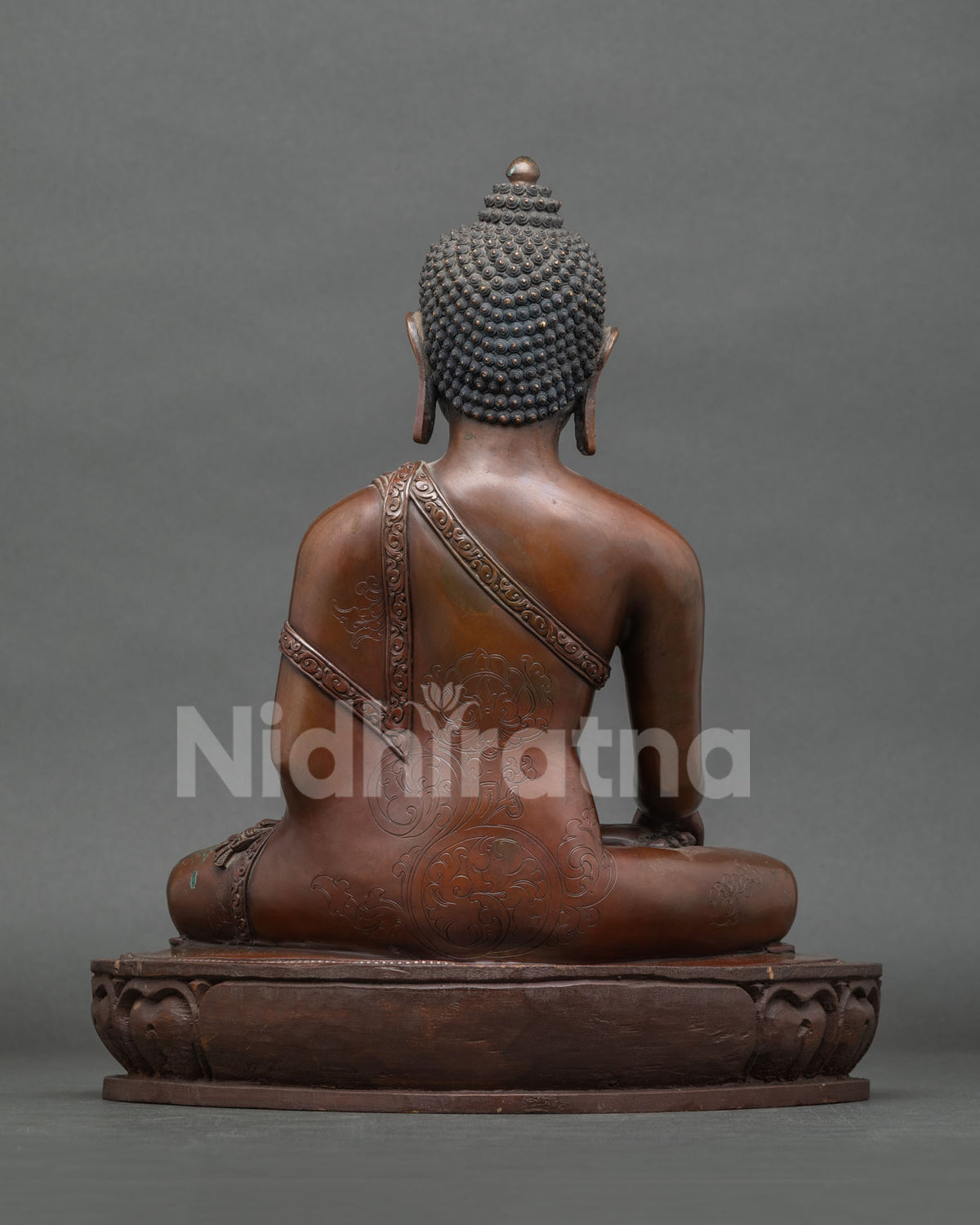 Shakyamuni Buddha Statue Back View, Oxidized Copper Buddhist Figurine