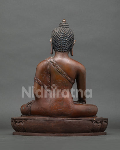 Shakyamuni Buddha Statue Back View, Oxidized Copper Buddhist Figurine