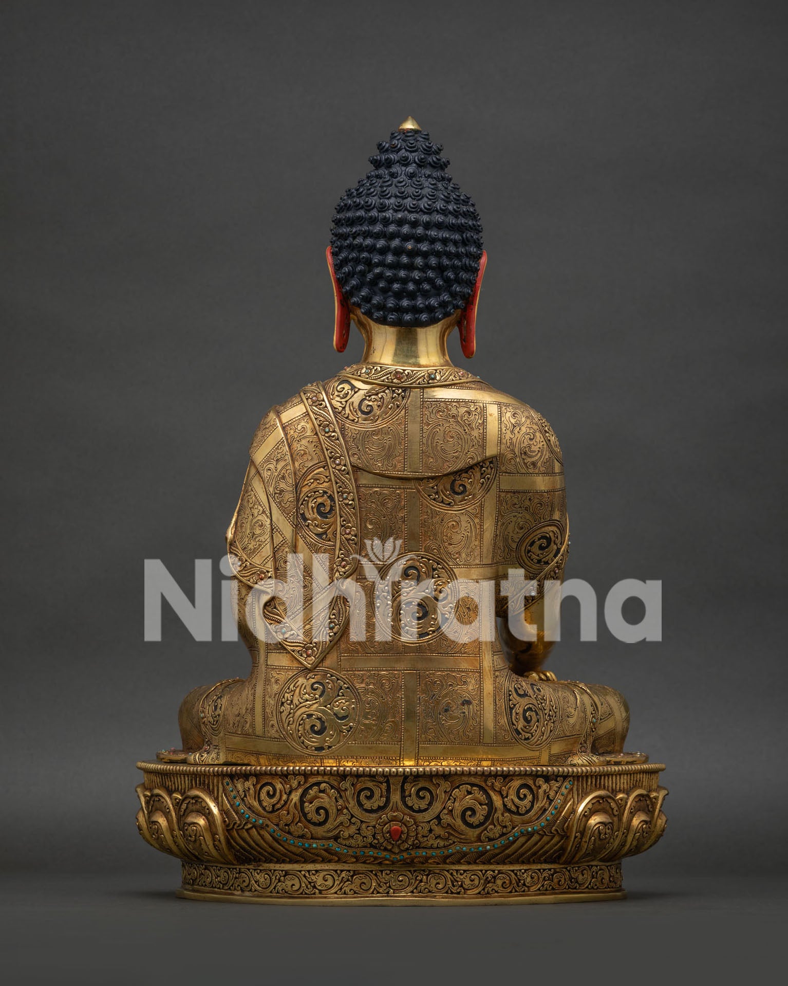 Shakyamuni Buddha statue back view showing hand carved 24K gold copper art