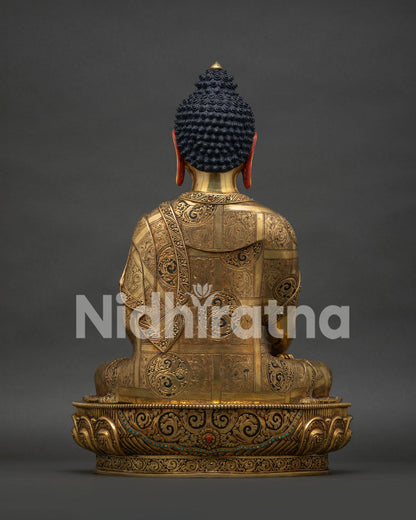 Shakyamuni Buddha statue back view showing hand carved 24K gold copper art