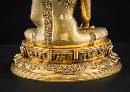 Shakyamuni Buddha statue base engraved with Tibetan mantra Om Muni Muni Mahamuni Shakyamuni Svaha
