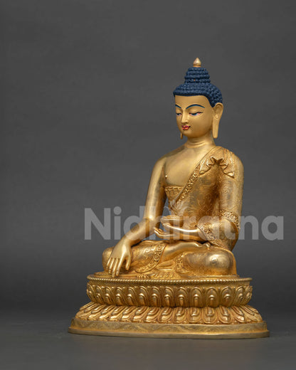 Shakyamuni Buddha statue bhumisparsha mudra floral motif robe.