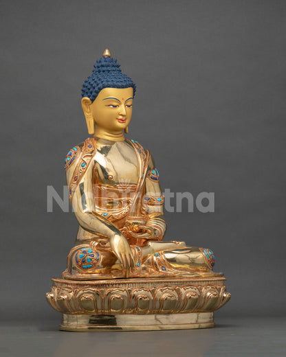Shakyamuni Buddha statue bhumisparsha mudra lotus throne right side view.