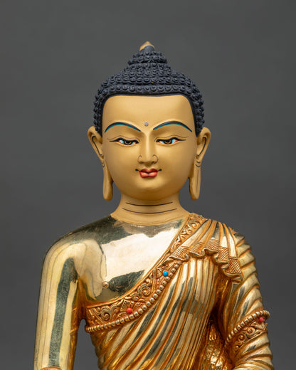 Shakyamuni Buddha statue close up 24k gold painted face semi precious stones.
