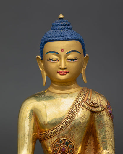 shakyamuni buddha statue close up copper 24k gold gilding detail buddhist altar art
