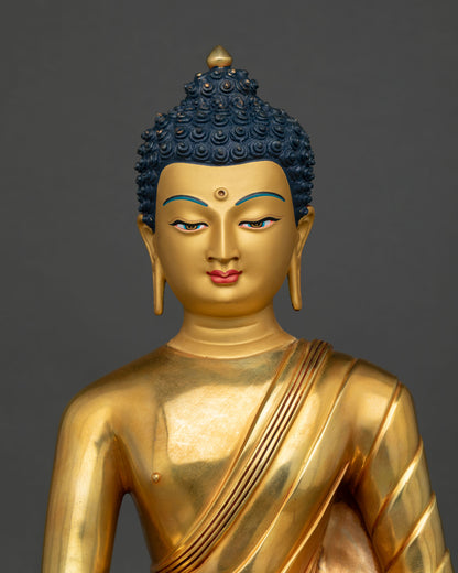 Shakyamuni Buddha Statue Close-Up – Gold-Painted Face with Traditional Monastic Robe