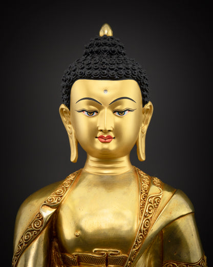 Shakyamuni Buddha statue close-up, hand-chased gold gilded copper detailing