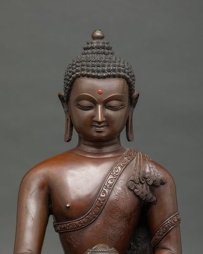 Shakyamuni Buddha Statue Close Up View, Handcrafted Oxidized Copper Sculpture