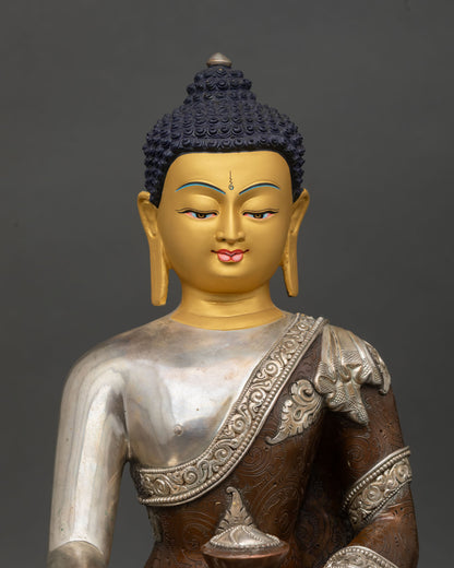 Shakyamuni Buddha statue, close-up serene gold face, monastic robes detailed Himalayan craftsmanship spiritual sculpture